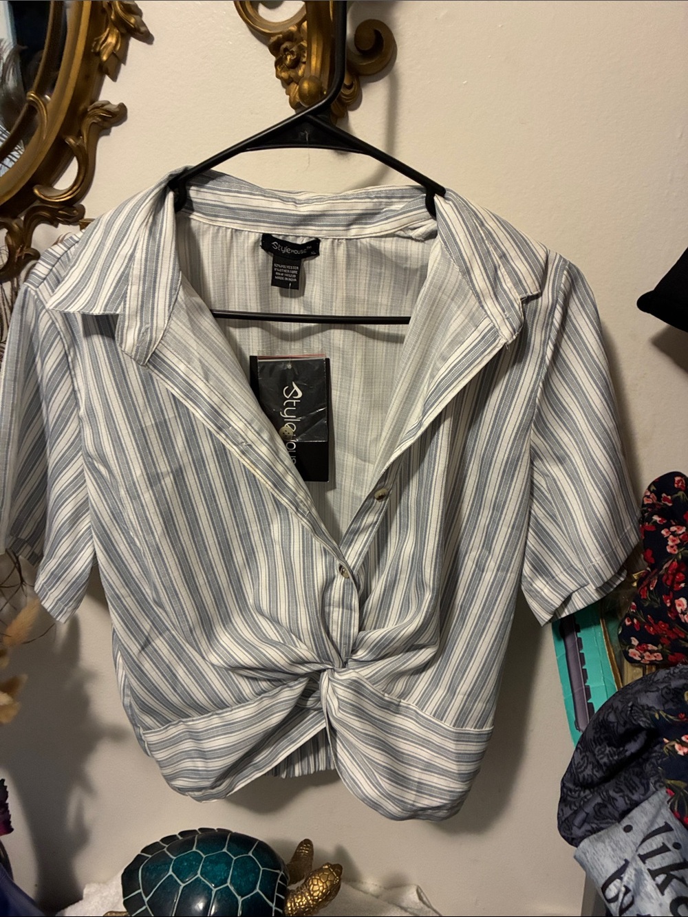Striped Blue & White Twist-Front Button Down Shirt